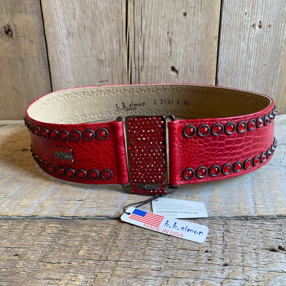 NWT B.B Simon Red Croc Swarovski Crystal Studded Waist Belt